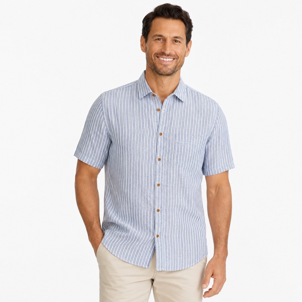 UNTUCKit Westrey WR Linen Shirt Mens Large Blue Stripe Slim Fit Short Sleeve